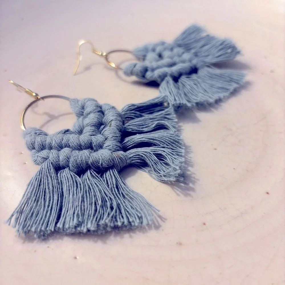 Chic Blue Macramé Tassel Hoop Earrings
